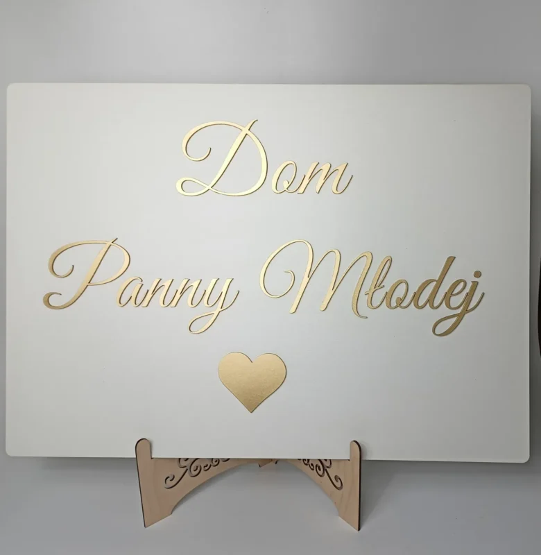 TABLICA DOM PANNY MŁODEJ BIAŁA + ZŁOTE NAPISY - DEKORACJA WESELNA DEKORACJA ŚLUBNA GLAMOUR - M218