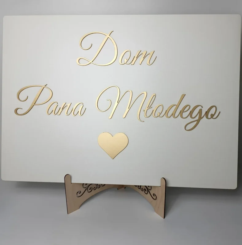 TABLICA DOM PANA MŁODEGO BIAŁA + ZŁOTE NAPISY - DEKORACJA WESELNA DEKORACJA ŚLUBNA GLAMOUR - M219