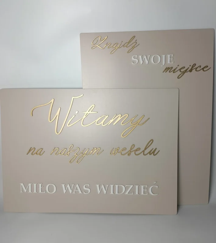 ZESTAW TABLIC WESELNYCH - TABLICA POWITALNA + PLAN STOŁÓW - DEKORACJE ŚLUBNE KOLOR CAPPUCCINO + ZŁOTE NAPISY - ODCIENIE BEŻU, ZŁOTA, BIELI - M211
