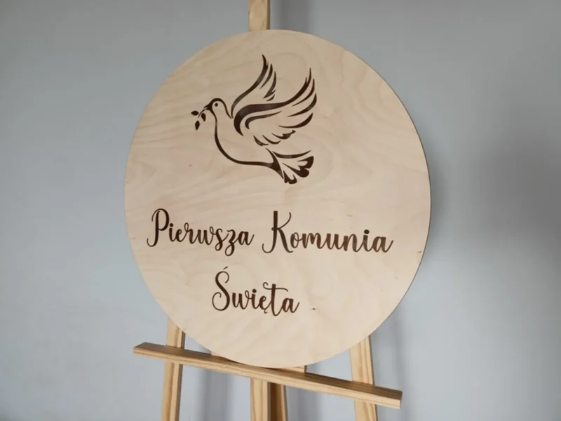 GRAWEROWANA DREWNIANA TABLICA KOMUNIJNA - TABLICA POWITALNA, KOŁO, HOSTIA PIERWSZA KOMUNIA ŚWIĘTA - M306