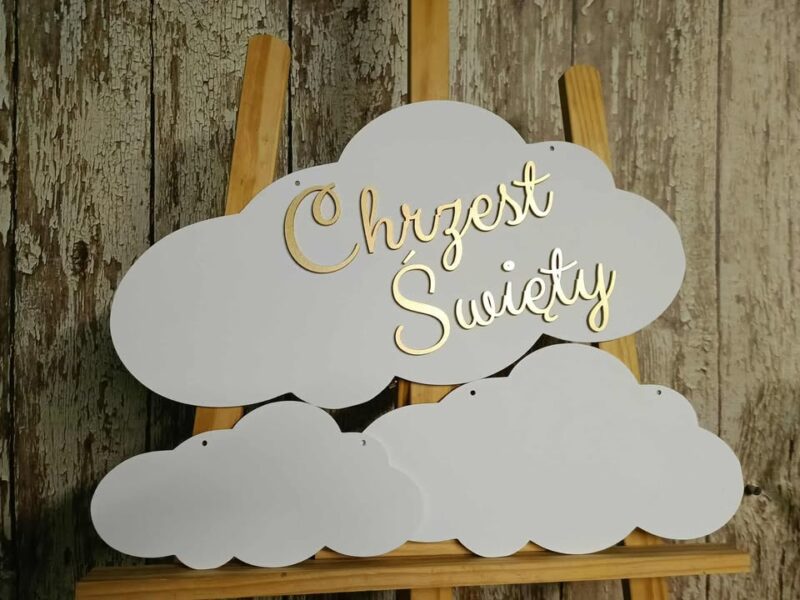 ZESTAW 3 CHMURKI ZE SKLEJKI – CHMURKA NAPIS CHRZEST ŚWIĘTY NA ŚCIANKĘ 50 CM + CHMURKI CZYSTE 35 CM I 25 CM – DEKORACJE NA CHRZEST, NAPISY NA ŚCIANKI, DEKORACJE – M408