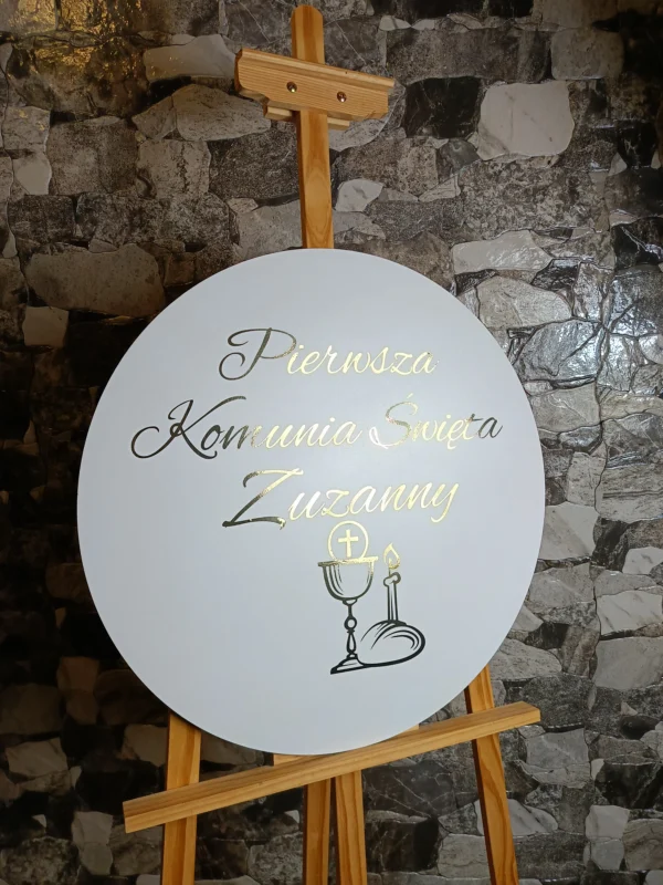 TABLICA POWITALNA KOMUNIA ŚWIĘTA Z IMIENIEM + KIELICH Z CHLEBKIEM - ZŁOTE NAPISY DEKORACJA – M421