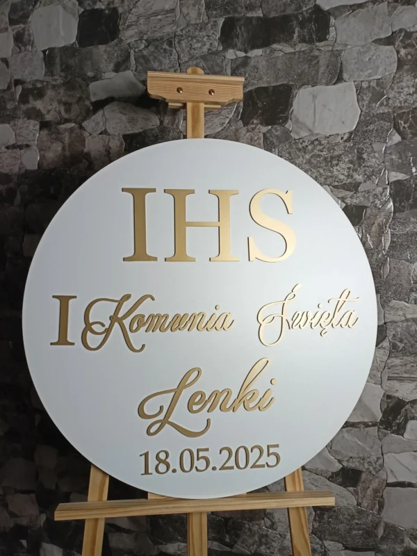 TABLICA POWITALNA KOMUNIA ŚWIĘTA Z IMIENIEM ZŁOTE NAPISY DEKORACJA – M420
