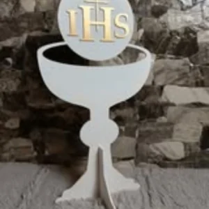 DUŻY KIELICH STOJĄCY KOMUNIA DEKORACJA KOŚCIOŁA SALI KIELICH IHS HOSTIA BIAŁO ZŁOTY - M423