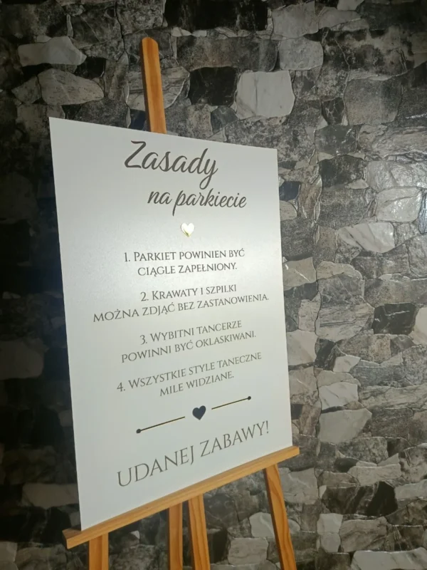 Tablica „Zasady na parkiecie” 70x50 cm dodatki plexi styl Glamour – dekoracja weselna - M424